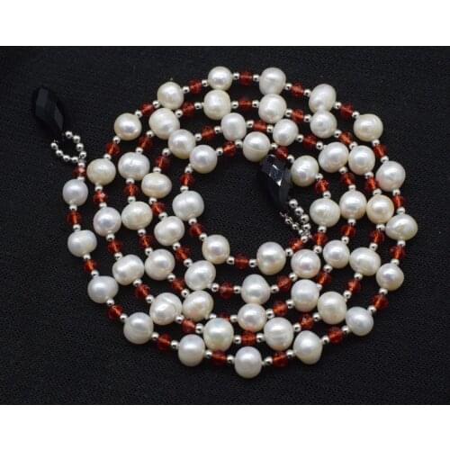 Freshwater pearl white near round 8-9mm and red quaartz necklace 36inch FPPJ wholesale beads nature