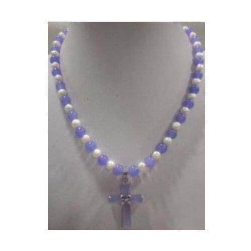 White Pearl Purple Jades Silver Cross Pndant Necklace