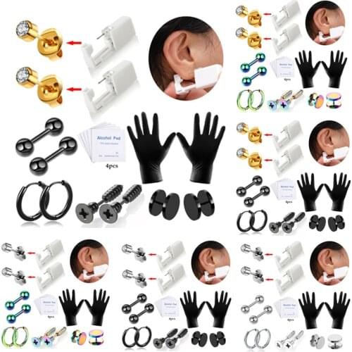 16PCS Stainless Steel Ear Piercing Gun Kit With Earings Men Women Punk Earring Set Ear Cartilage Helix Tragus Piercing Tool Lot