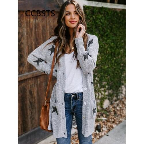 Casual Loose Knitted Cardigan Women Long Sleeve Sweater Oversized Jumper Female Autumn Korean Style Star Printed Cute Cardigans