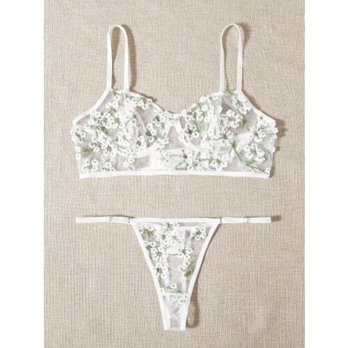 Sexy girl exquisite flower embroidery low-cut temptation bra see-through sexy flower underwear briefs untra thin bra set
