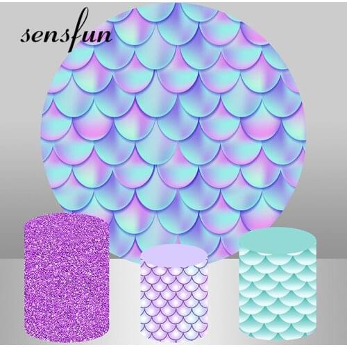 Sensfun Mermaid Fish Scales Round Circle Photography Backdrop Kids Baby Shower Birthday Party Decor Photo Background Table Cover