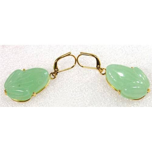 Natural Light Green Jade Frog Pendant Yellow Gold Plated Hook Earrings