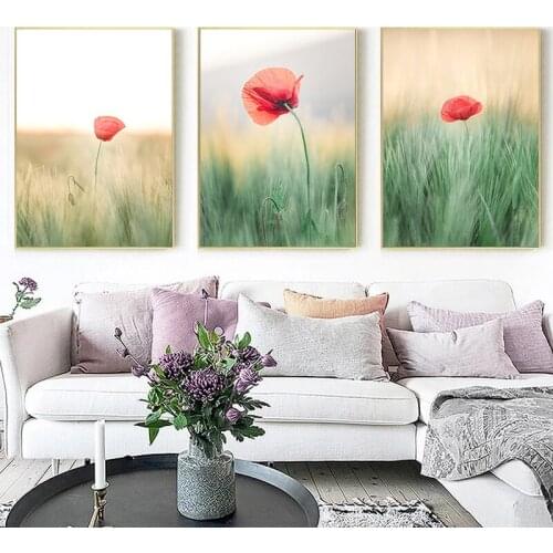 Modern Grassland Blooming Red Flowers Natural Landscape Canvas Painting Wall Art Nordic Print Scandinavian Decoration Pictures