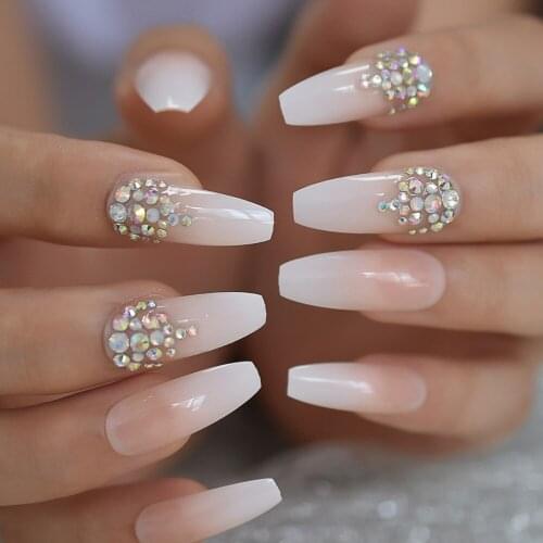 Medium Natural Coffin Nail Designed Shiny Rhinestone Elegant Custom Fake Nails Full Cover Gradient Acrylic Nail Tips