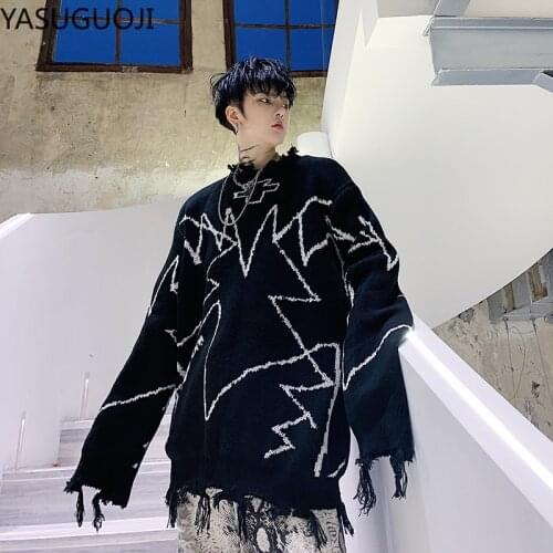 YASUGUOJI Ripped Hole Hip Hop Loose Punk Knitted Sweater Men Black Print Harajuku Vintage Sweaters Oversized Pullover Jersey