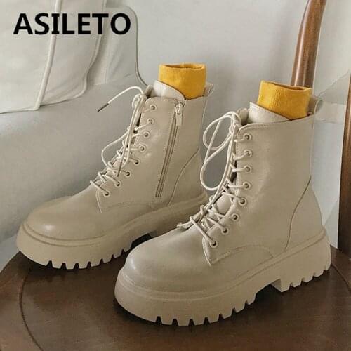 ASILET PU Leather Autumn Ankle Boots For Women Platform Lace Up Chelsea Boot Spring Booties Female Thick Bottom Black S2195