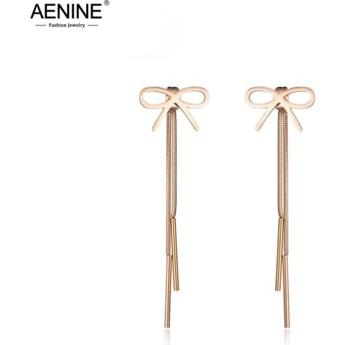 AENINE Fashion Rose Gold Color Bowknot Long Geometric Tassel Earrings Titanium Steel Womens Earrings Christmas Gifts AE17061