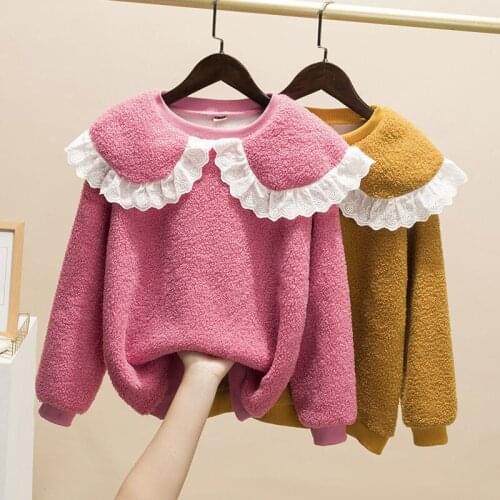 2021 Girls plus velvet sweatshirt autumn and winter cute lace doll collar sweater thick casual warm clothes pink yellow pullover