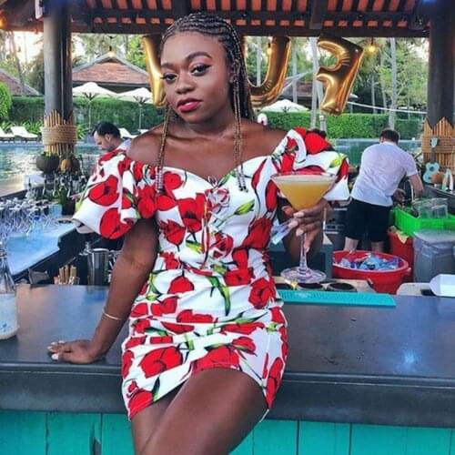 Women 's Summer Dresses Floral Flower Print Bubble Short Sleeves Beach Dress Ruffle Sexy Mini Dress Wrap Sundress Robe 2021