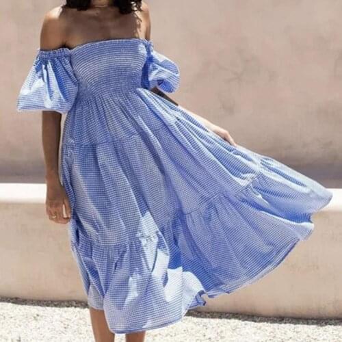 70% Hot Sell Women Puff Sleeves Large Hem Off Shoulder Pleated Ruffle Midi Dress Streetwear for Beach