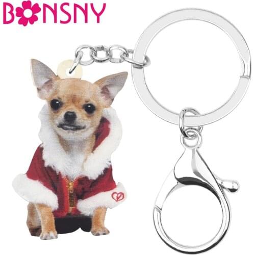 Bonsny Acrylic Christmas Costume Chihuahua Dog Key chains Key Rings Bag Car Purse Keychain For Women Girls Decoration Charm Gift