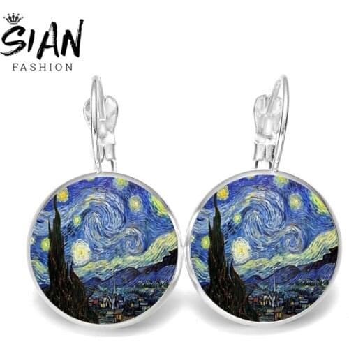 SIAN Van Gogh Famous Oil Painting Series Earrings Starry Night Sunflowers Glass Round French Hook Earring Women Art Jewelry Gift