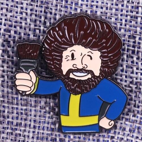 Bob Ross with brush Lapel Pin Vault boy painter enamel pin the artist badge funny game jewelry