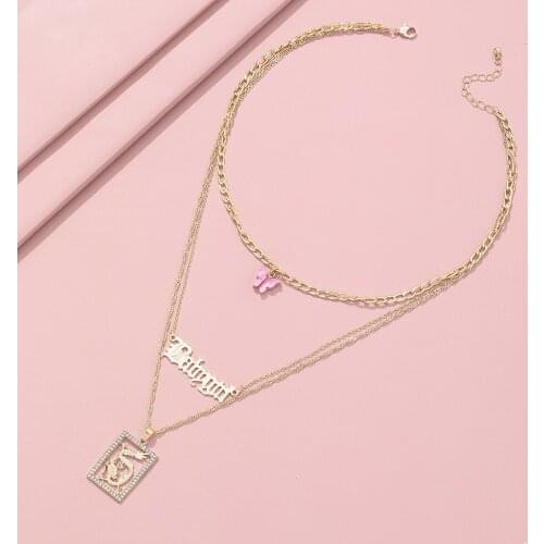 Lost Lady Pink butterfly Letter Pendant Necklaces All Match Charm Pendant Necklace For Women Party Jewelry Three Chains Set
