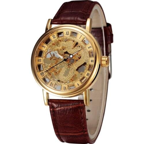 Chinese Style Dragon Watches Fashion Skeleton Watches Men Luxury Gold Mechanical Hand Wind Watches Leather Band Man Watch Sewor