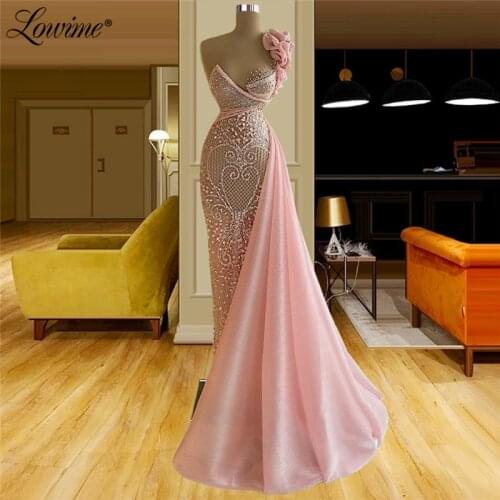 Pink Illusion Handmade Beading Long Party Dresses 2021 Luxury Middle East Arabic Mermaid One Shoulder Evening Gowns Prom Dresses