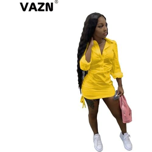 VAZN 2020 High Street V-neck Full Sleeve Yellow Solid A-line Shinny Elegant Dress Street Women Casual Dress Sexy Mini Dress