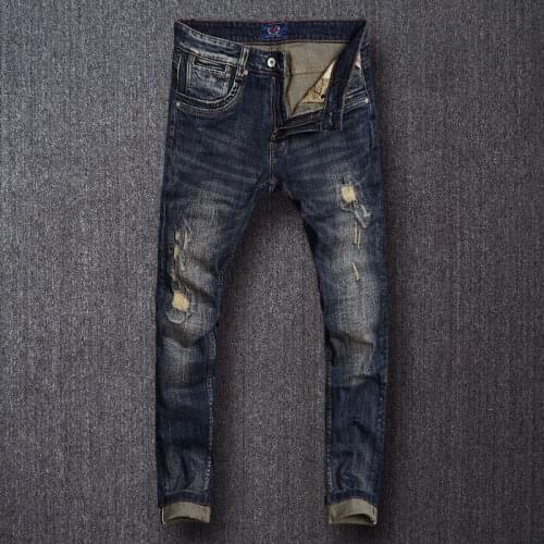 European Vintage Fashion Men Jeans Elastic Slim Fit Ripped Jeans Men Retro Black Blue Embroidery Patchwork Designer Denim Pants