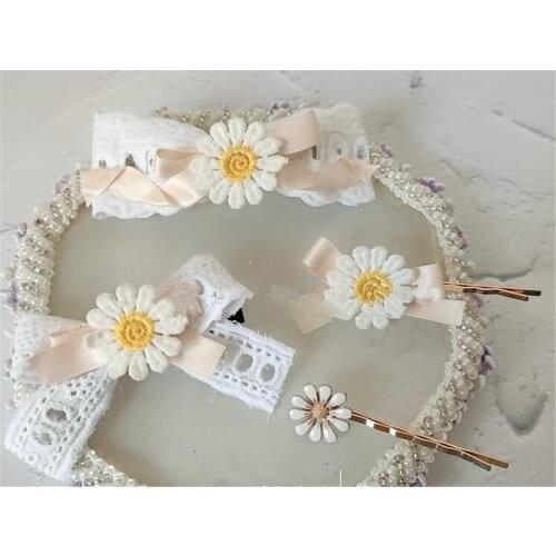 Sweet Lolita Headdress Daisy flower Edge clip Mori Girl Princess Lace Bow Wedding Hairpin Headwear B1425