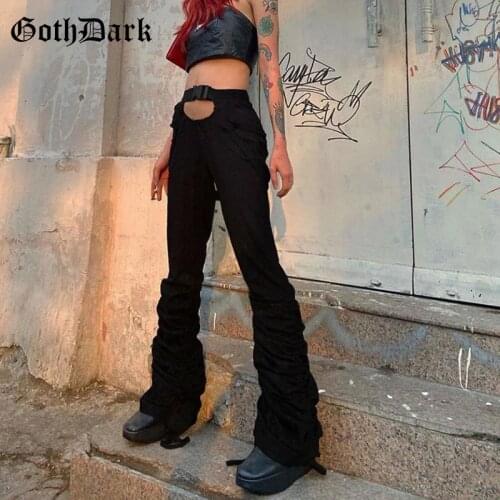 Goth Dark Punk Grunge Aesthetic Women Stacked Pants Y2k Black Drawstring Buckle Hollow Out Trousers Gothic High Waist Streetwear