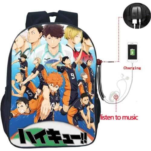 Haikyu!! USB Charge Backpack High Quality Men Women Boys Girls Double Pocket School Backpacks Beautiful School Bags for Students