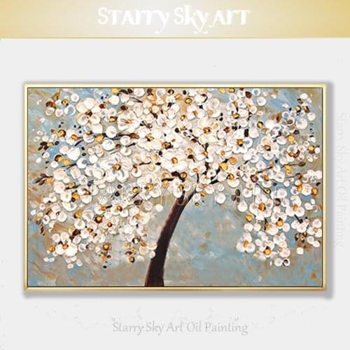 Thick Paints Artist Hand-painted Beautiful Flower Tree Oil Painting on Canvas White Petal Flower Oil Painting for Living Room