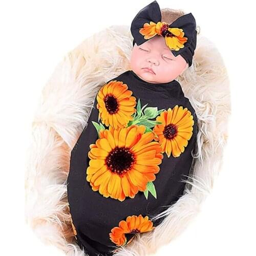 Infant Baby 2 Piece Sleep Wrap Sets Sunflower Pattern Autumn Spring Blanket Bowknot + Headband