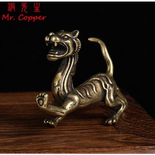 Pure Copper Chinese Ancient Mythical Beast Miniature Figurine Dragon Tiger Snake Turtle Feng Shui Ornament Home Decoration Craft