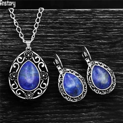 Water Drop Lapis Lazuli Jewelry Sets Vintage Flower Pendant Necklace Earrings Set Stainless Steel Chain For Female