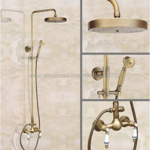Wall Mount Antique Brass Bathroom Shower Faucet Mixer Taps Dual Handle with Hand Held Shower Kan104