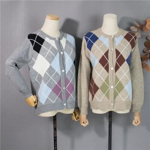 2021 Autumn New Vintage RhombusColor contrast Knitted Cardigan Sweater Korean Loose All-match Knitwear Womens Clothing
