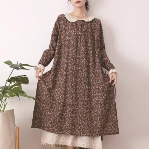 New Autumn Women Dress Japan Style Fresh Embroidery Turndown Collar Cotton and linen Print Loose Long Sleeve Casual Dress