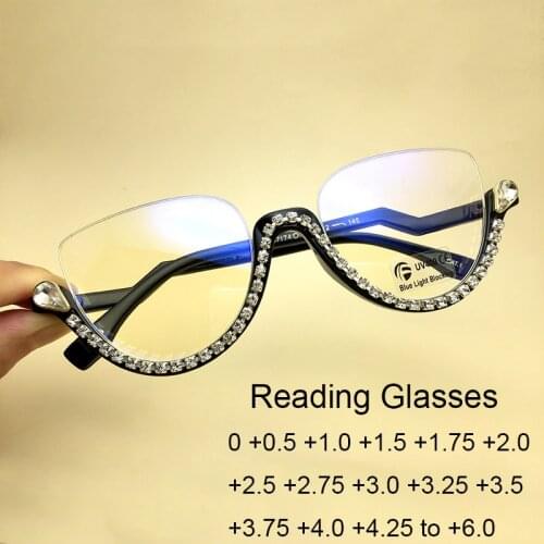 Half Frame Reading Glasses Clear Lens Anti Blue Light Magnifying Glasses Vintage Crystal Diamond Eyeglasses Frames For Women 0.5