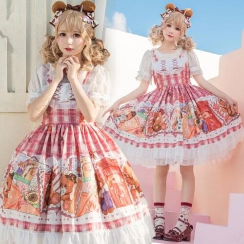 Original Design Stamp Bear Cartoon Printing Plaid Cute jsk Dress Women Lacing Stitching Lace Pleated Lolita Strap Dress Y894