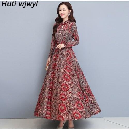 Autumn Winter Chinese Style Red Cheongsam Elegant Vintage Casual Party Maxi Vestidos 2021 Women Long Sleeve Bodycon Midi Dresses