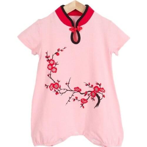 Toddler Girl Chinese Style Button Romper Dress Girls Chinoiserie Plum Print Costume Cheongsam Collar Short Sleeve Qipao Outfits