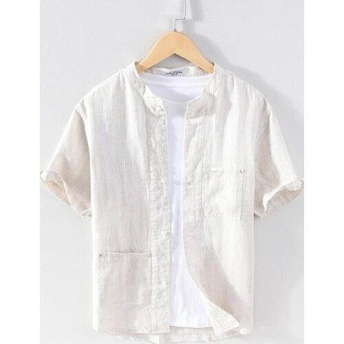 021 New style pure linen breathable brand casual shirt men fashion comfortable stand collar striped shirts for men tops mens