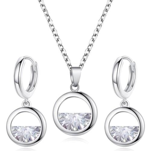 Bling Starry Clear Zircon White Chain Necklace Dangle Earrings Geometric Circle Copper Jewelry Sets For Women