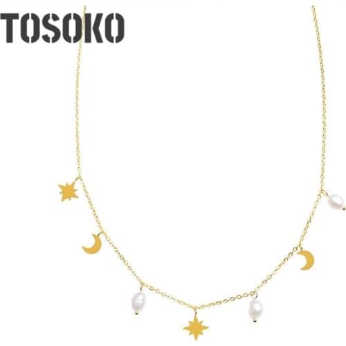 TOSOKO Stainless Steel Jewelry Star Moon Freshwater Pearl Tassel Clavicle Necklace Female Elegant Sweater Chain BSP774