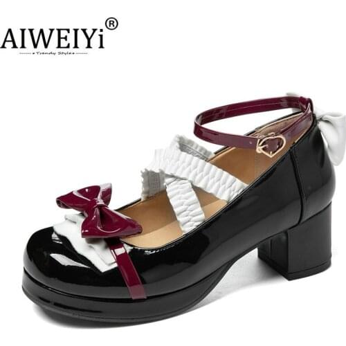 High Heeled Shoes Woman Black Red Patent Leather Ladies Pumps Shoes Sweet Bow Cross Strap Cosplay Lolita Pumps
