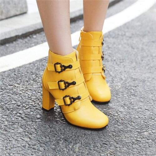 YMECHIC 2019 Winter Fashion Ankle Women Boots High Heels Buckle Strap Booties Woman Yellow White Party Wedding Shoes Plus Size