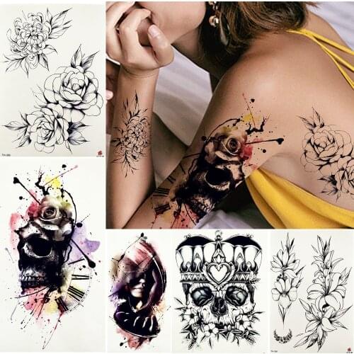 YURAN 3D Women Arm Neck Tattoos Temporary Body Legs Art Painting Flower Flash Tattoo Stickers Death Skull Tatoo Paper Fake Peony