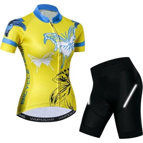 Weimostar Women T-Shirt Yellow Pro Team Cycling Jersey Shorts set Riding roupa ciclismo MTB Bike Bicycle Shirts Girls Wear
