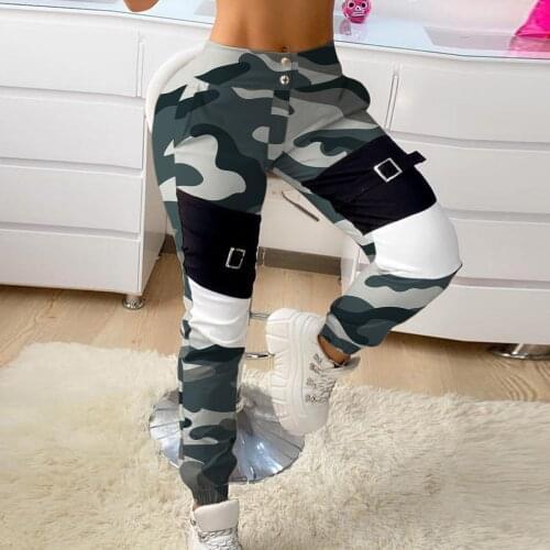Womens Long Pants Stitching Camouflage Print Pants Casual Sport Running Cargo Pants High Street Wear