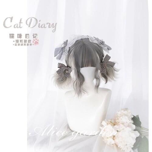 Dwomen wig Gray maroon brown aily Harajuku lolita wig cat diary cat ear silver gradient long curly sweet cute student girl