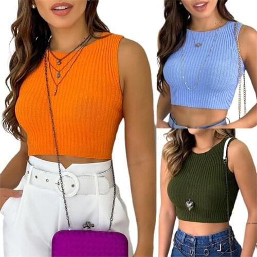 Hirigin 2021 Summer Solid Color Slim Cropped Vest Female Round Collar Sleeveless Stretch Rib Knitted Base Tank Top Streetwear