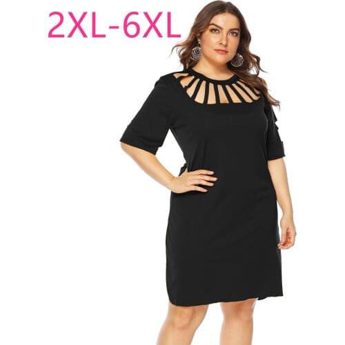 2021 new summer plus size dress for women large loose casual short sleeve hollow out O neck dresses black yellow 3XL 4XL 5XL 6XL