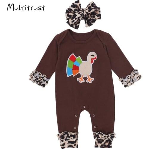 2020 Thanksgiving Day Infant Romper Baby Boys Girls Turkey Print Long Sleeve Leopard Ruffle Jumpsuit With Headband 2pcs