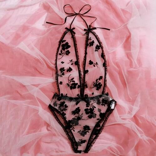 2021 Top Bow Tie Embroidery Sexy Lingerie Deep V Langerie Sexy Lace Bodysuit Lingerie Teddy Underwear Bodydoll Lingerie